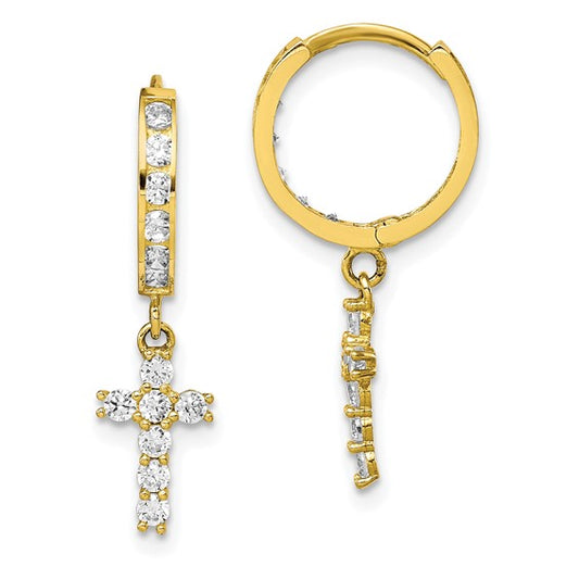 10K Solid Gold Dangle Cross Earrings 12x13mm 2mm CZ Stones for Womens