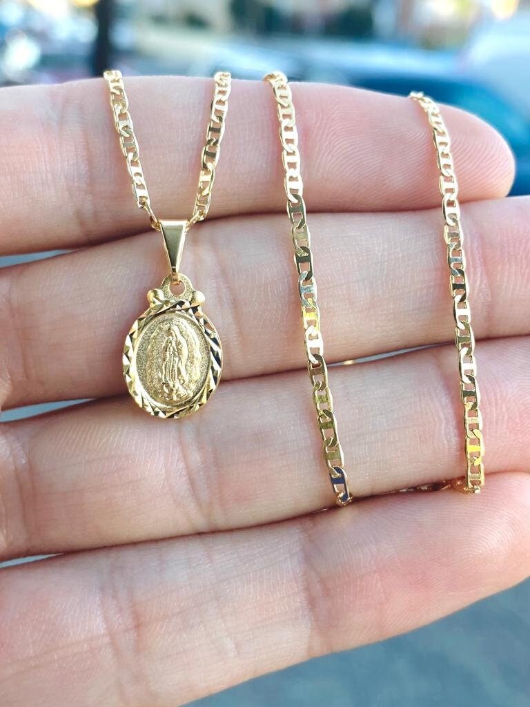 14K Gold Filled Virgen de Guadalupe Pendant Necklace Baby Girls Jewelry Kids Mariner Chain 16"