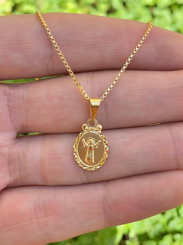 14K Gold Filled Baby Jesus Necklace for Kids Box Link Chain 16" 16x10mm