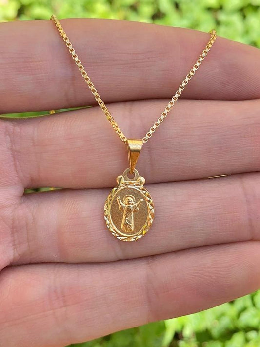 14K Gold Filled Baby Jesus Necklace for Kids Box Link Chain 16" 16x10mm