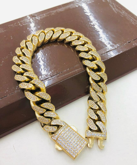 14K Yellow Gold CZ Miami Cuban Link Bracelet Hallow Curb Chain Mens Jewelry 8.25" 37g 12.5mm