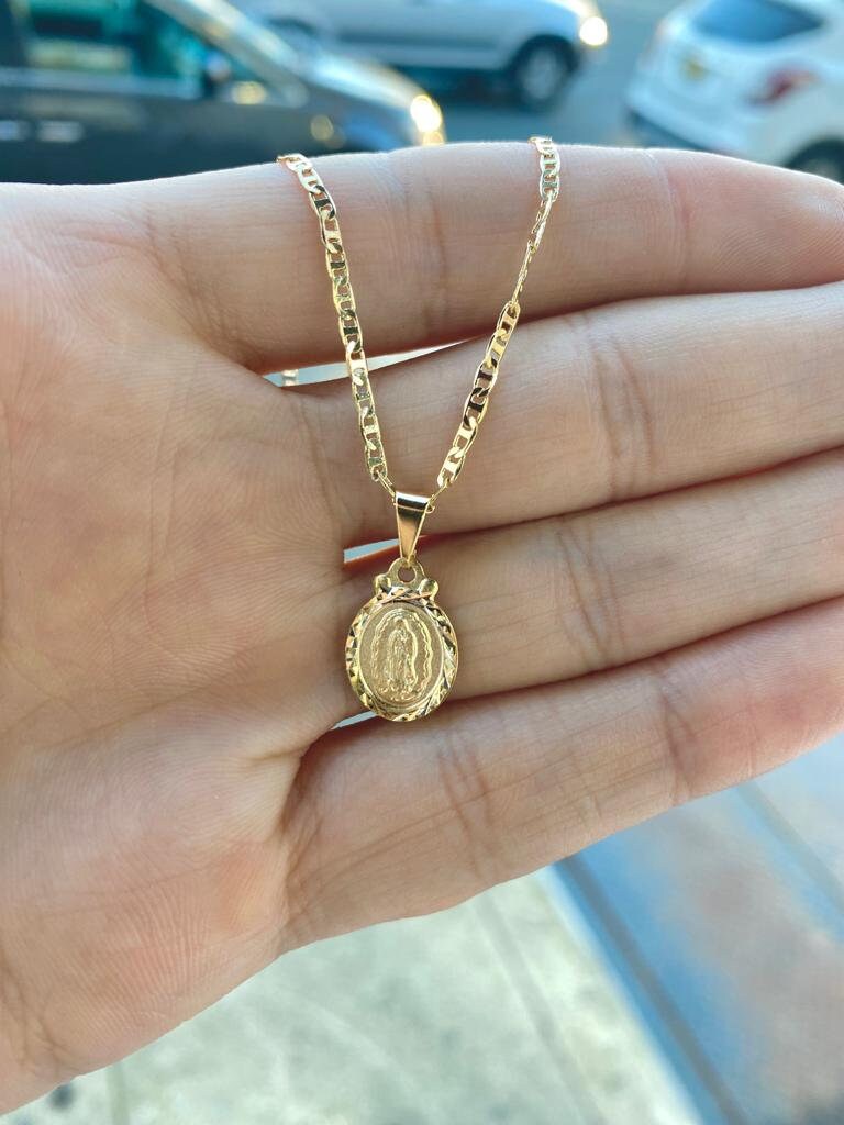 14K Gold Filled Virgen de Guadalupe Pendant Necklace Baby Girls Jewelry Kids Mariner Chain 16"