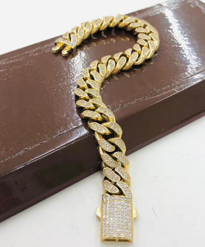 14K Yellow Gold CZ Miami Cuban Link Bracelet Hallow Curb Chain Mens Jewelry 8.25" 37g 12.5mm