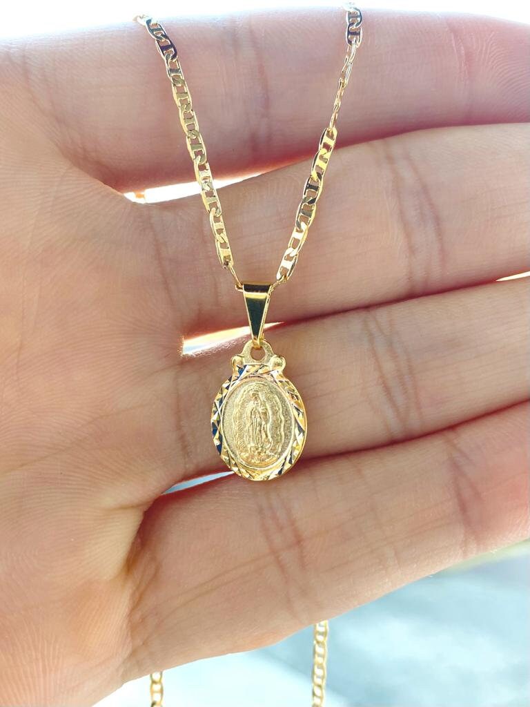 14K Gold Filled Virgen de Guadalupe Pendant Necklace Baby Girls Jewelry Kids Mariner Chain 16"