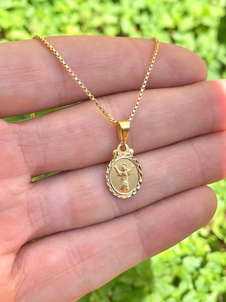 14K Gold Filled Baby Jesus Necklace for Kids Box Link Chain 16" 16x10mm