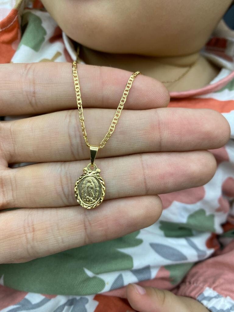 14K Gold Filled Virgen de Guadalupe Pendant Necklace Baby Girls Jewelry Kids Mariner Chain 16"