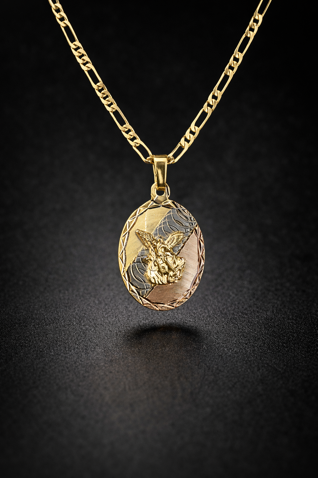 14K Gold Filled Saint Michael Pendant Necklace Figaro Chain for Womens Mens