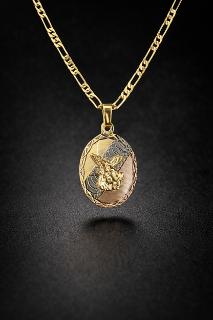 14K Gold Filled Saint Michael Pendant Necklace Figaro Chain for Womens Mens