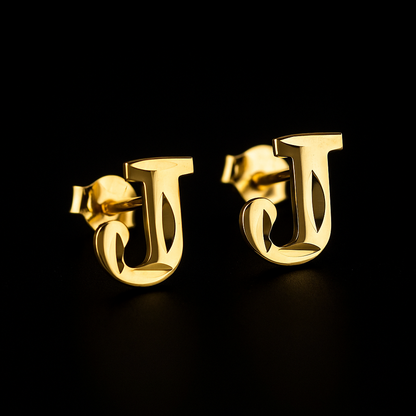 14k Real Yellow Gold Initial Letters Stud Earrings /Alphabetic Letters Earrings / Diamond Cut Letters Earrings Push Back / Aretes Oro Real