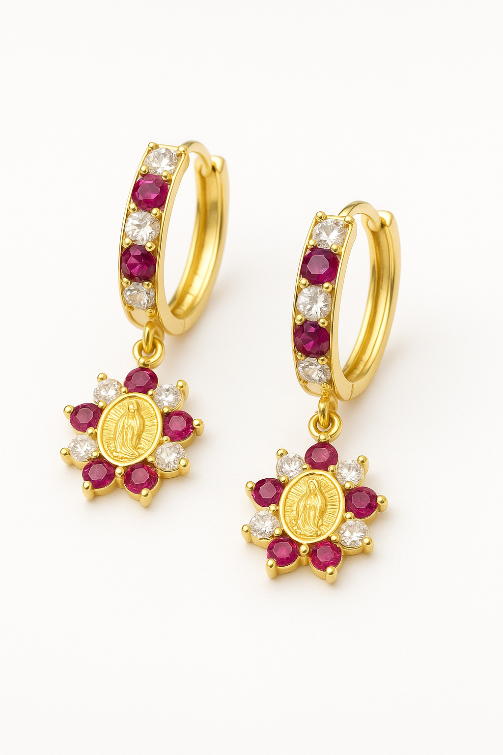 14K Yellow Gold CZ Virgen de Guadalupe Huggies Earrings for Womens Flowers