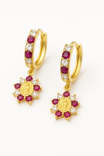 14K Yellow Gold CZ Virgen de Guadalupe Huggies Earrings for Womens Flowers