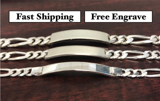 Men's 925 Sterling Silver, Figaro Link ID Bracelet, Pulsera Para Hombre De Plata