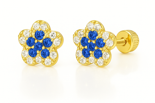 14K Yellow Gold Birth Stones CZ Flower Stud Earrings Screw Back 8mm for Womens