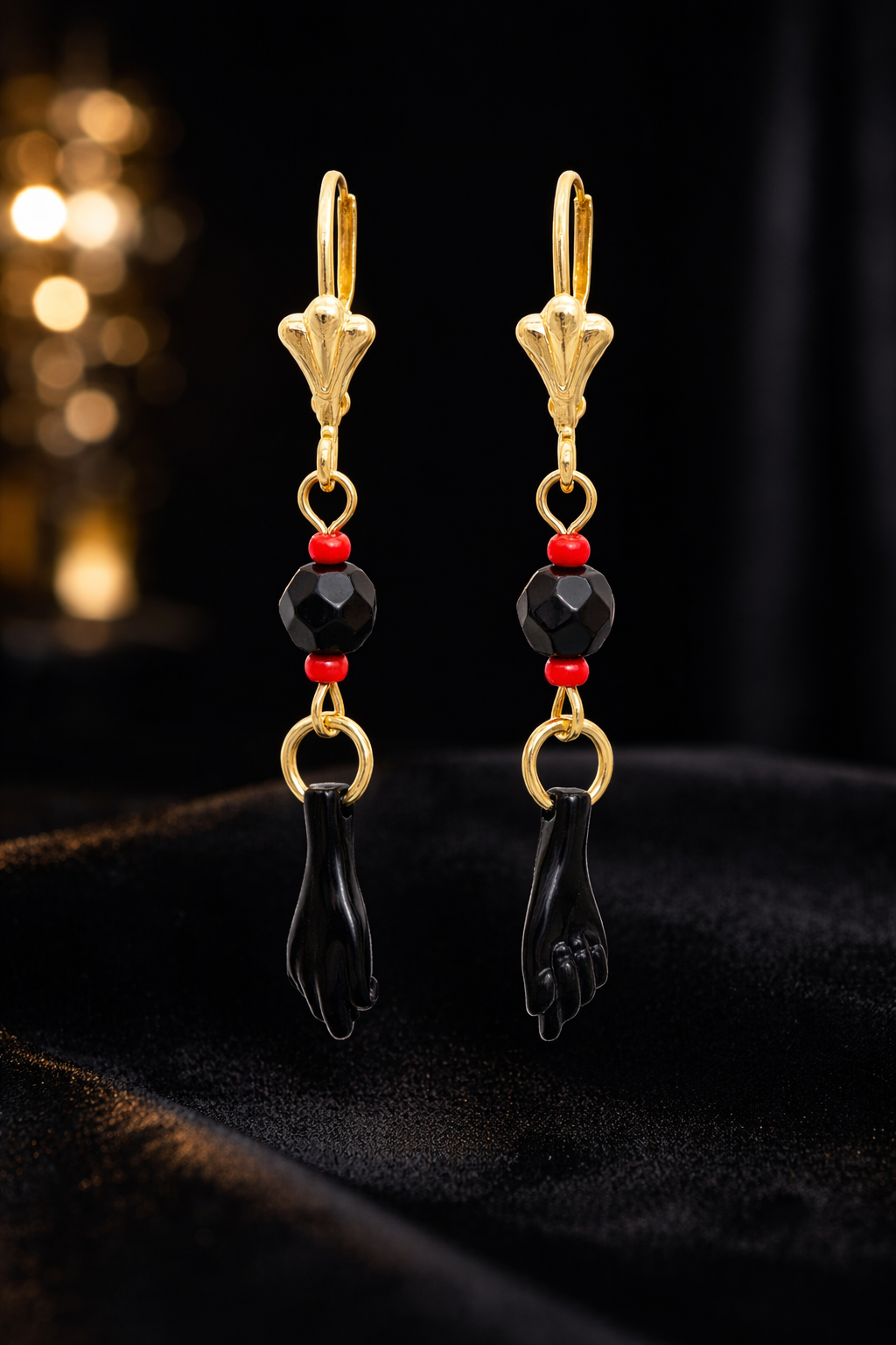 14K Gold Filled Azabache Hand Earrings Lever Back Protection Lucky Womens Girls Dangle Jewelry