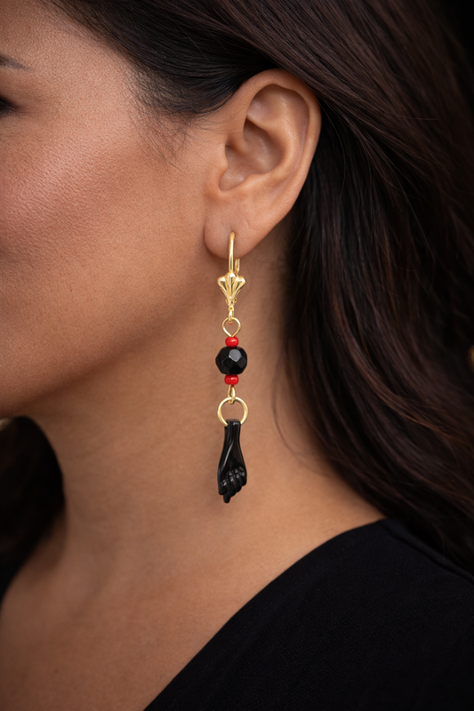 14K Gold Filled Azabache Hand Earrings Lever Back Protection Lucky Womens Girls Dangle Jewelry