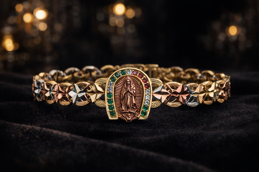 Tri Color CZ Virgen de Guadalupe Bracelet for Womens 7.5"