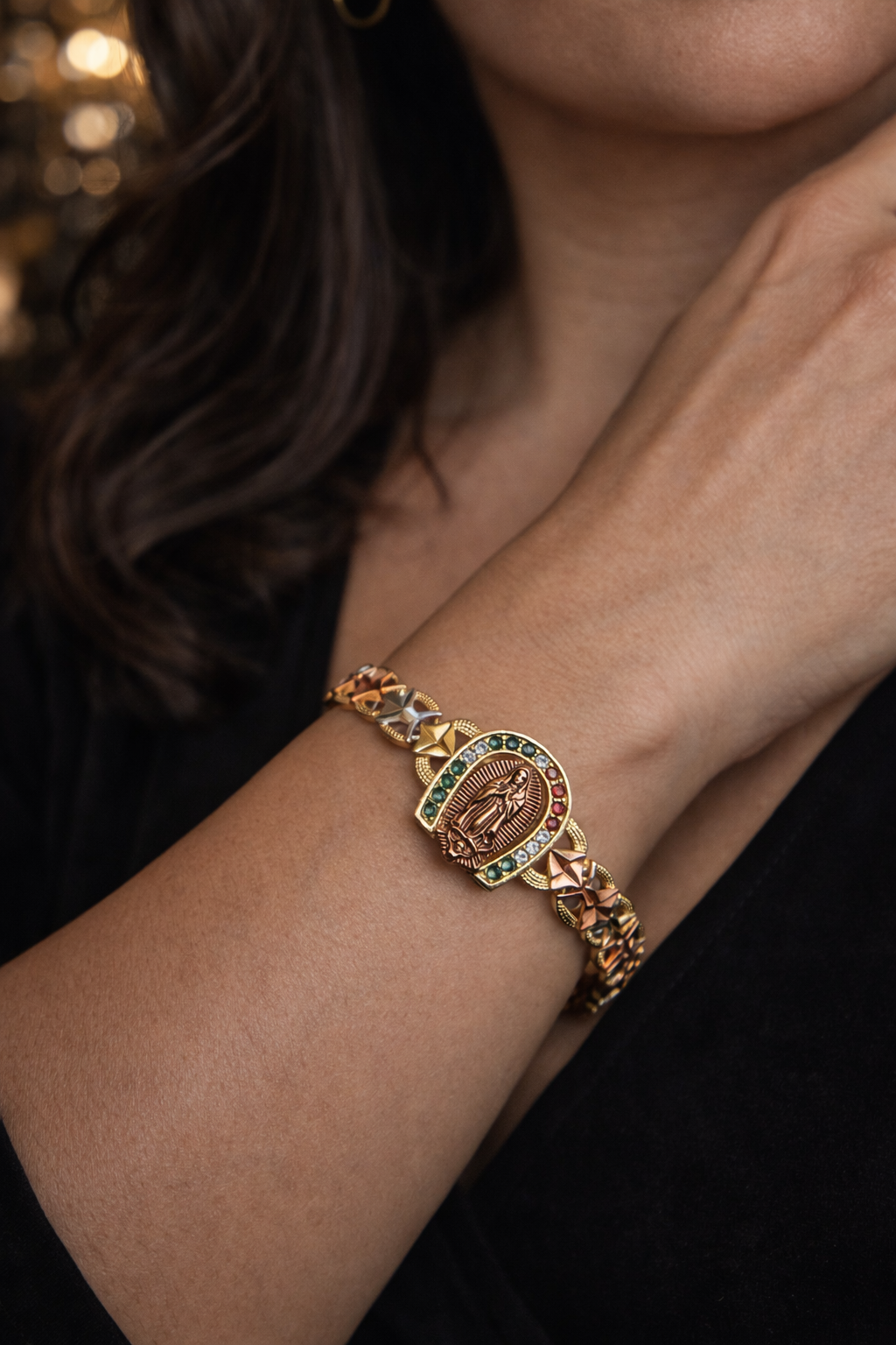 Tri Color CZ Virgen de Guadalupe Bracelet for Womens 7.5"