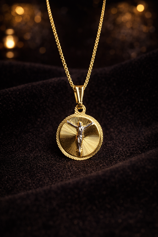 14K Gold Filled Round Jesus Necklace for Womens Box Link Chain 18"
