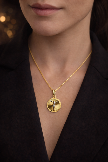 14K Gold Filled Round Jesus Necklace for Womens Box Link Chain 18"
