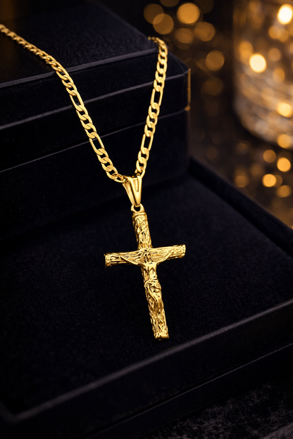 14K Gold Filled Rustic Cross Necklace for Mens Womens Figaro Chain 2.5mm Elegant