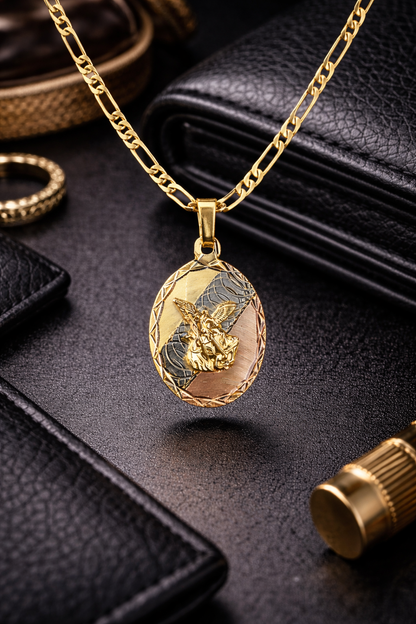 14K Gold Filled Saint Michael Pendant Necklace Figaro Chain for Womens Mens