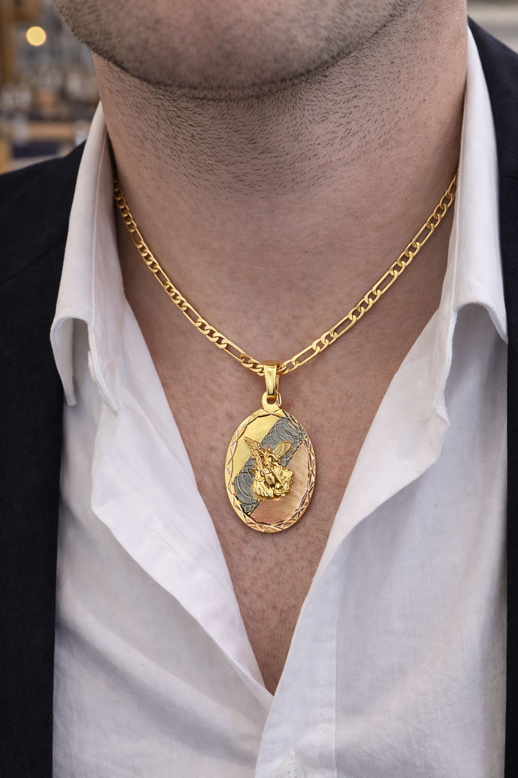 14K Gold Filled Saint Michael Pendant Necklace Figaro Chain for Womens Mens