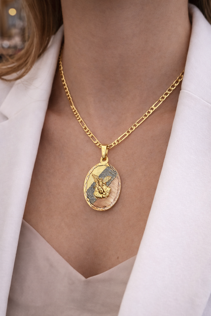 14K Gold Filled Saint Michael Pendant Necklace Figaro Chain for Womens Mens