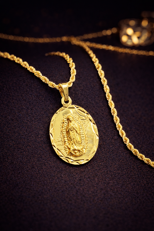 PrimeJewelry269 - 14K Yellow Gold Filled Virgen de Guadalupe Necklace Mens 24" Rope Chain Necklace