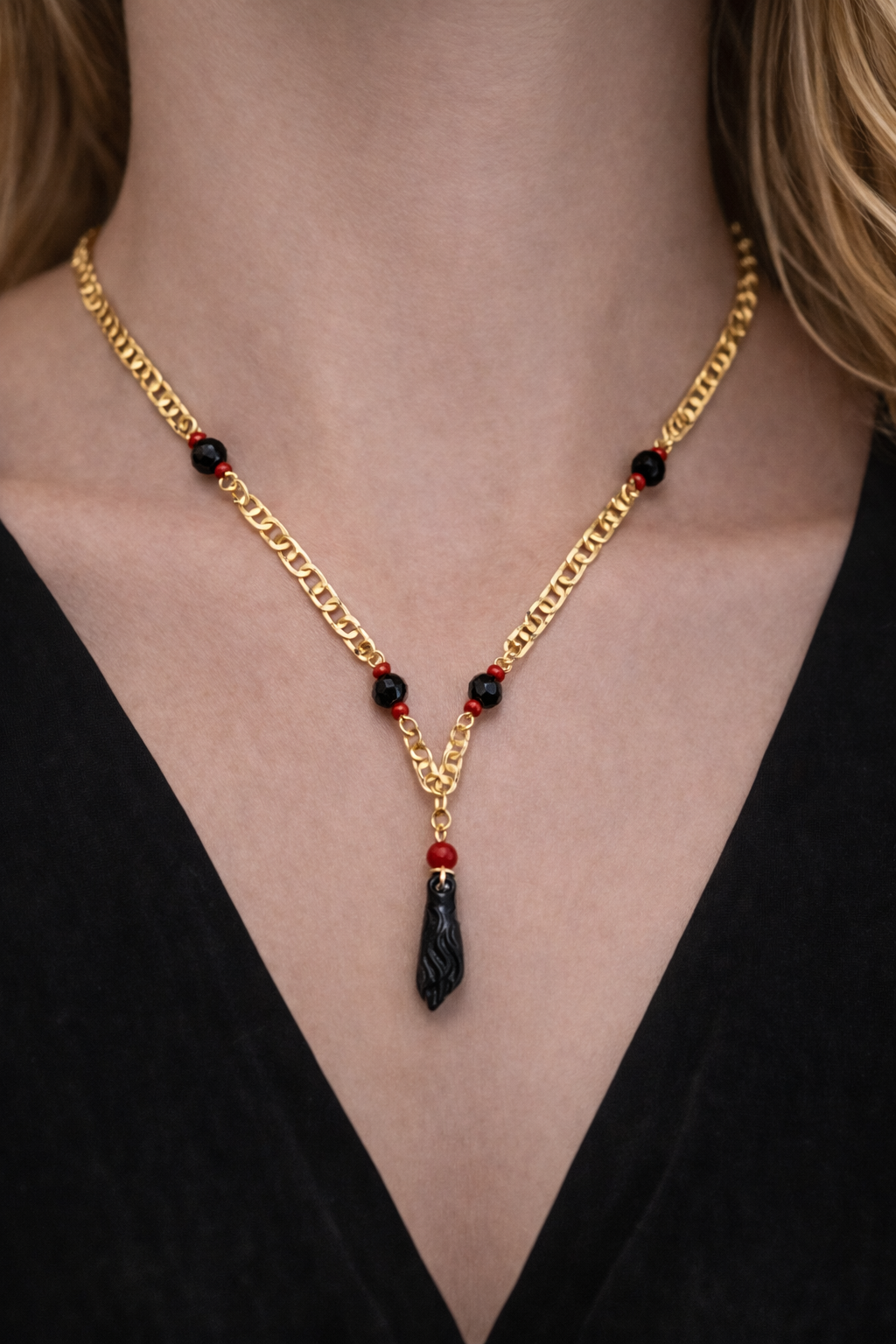 18K Gold Filled Azabache Mariner Necklace 20", Azabache Necklace Pendant for Womens Good Luck & Protection / Cadena y Dije de Azabache en Oro Laminado