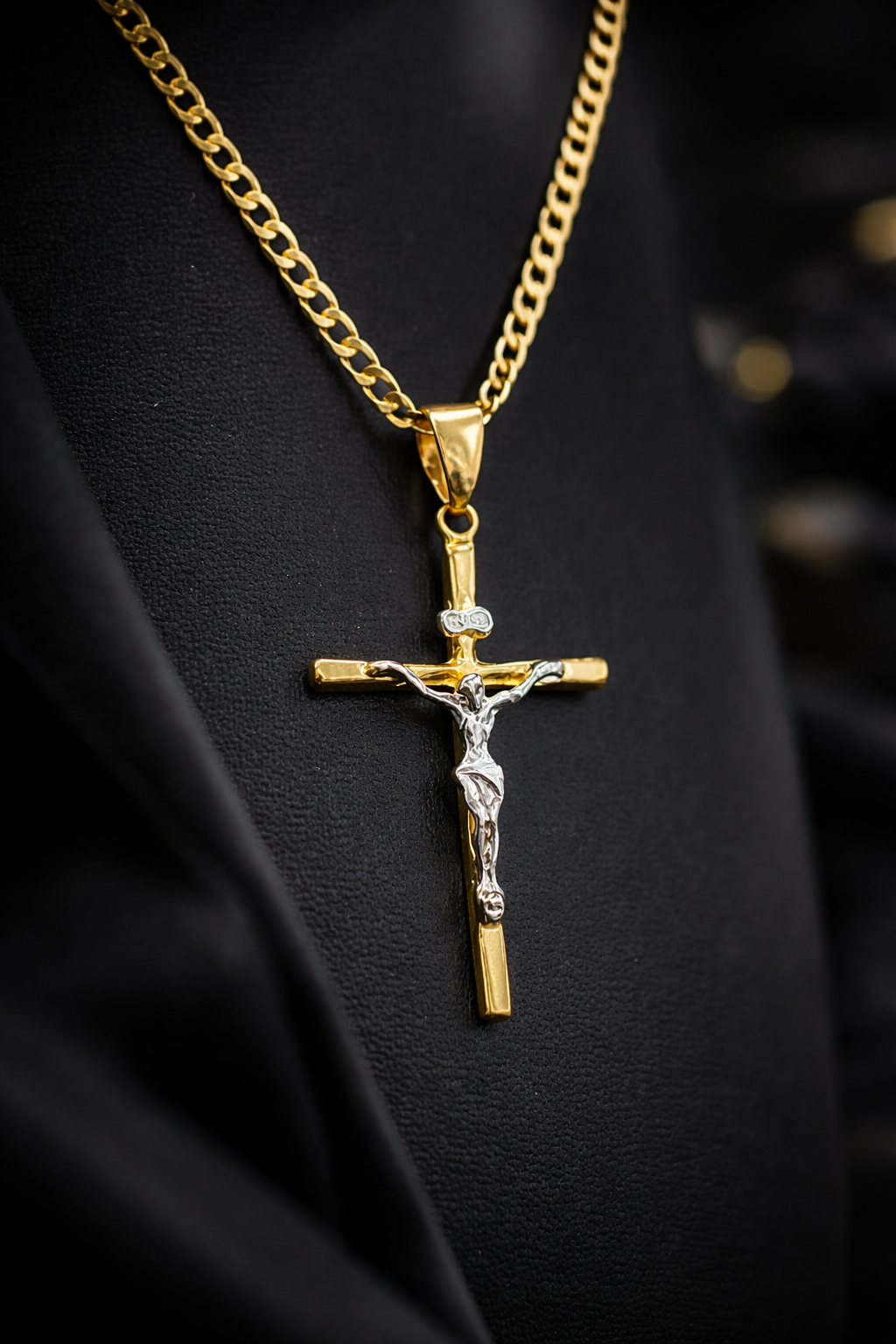 Jesus Necklace 14K Cross Two Tone Curb Chain 24" Gifts Religious Jewelry For Mens Adults