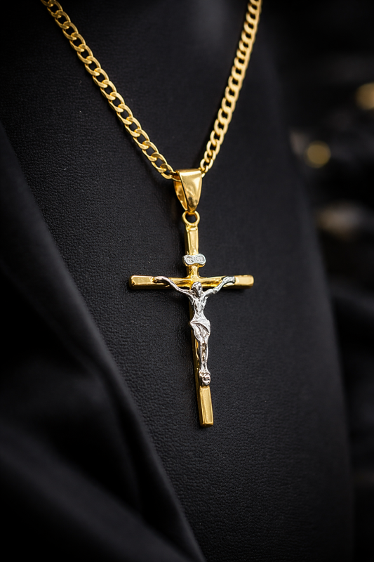 Jesus Necklace 14K Cross Two Tone Curb Chain 24" Gifts Religious Jewelry For Mens Adults