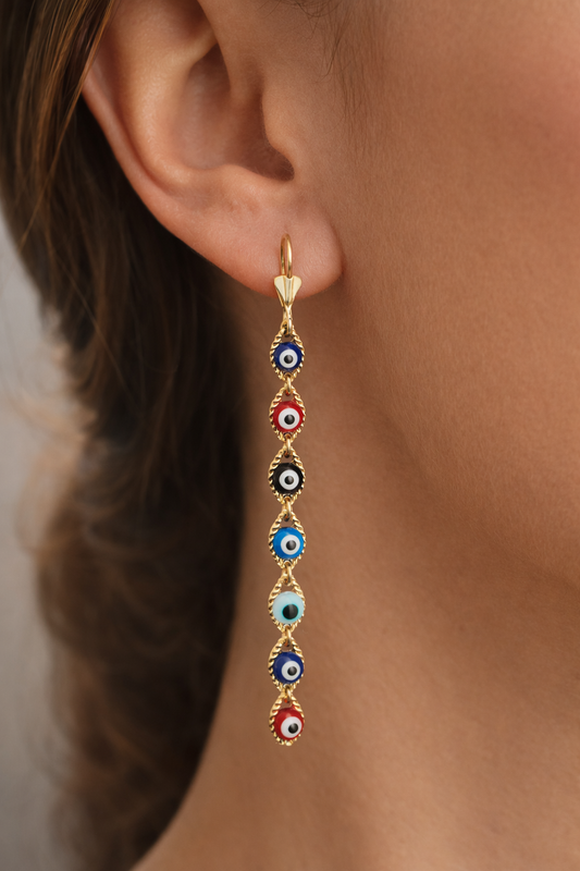 14K Gold Filled Evil Eye Lever Back Earrings Protection Jewelry / Aretes en Oro Laminado de Mal de Ojo Para Mujer