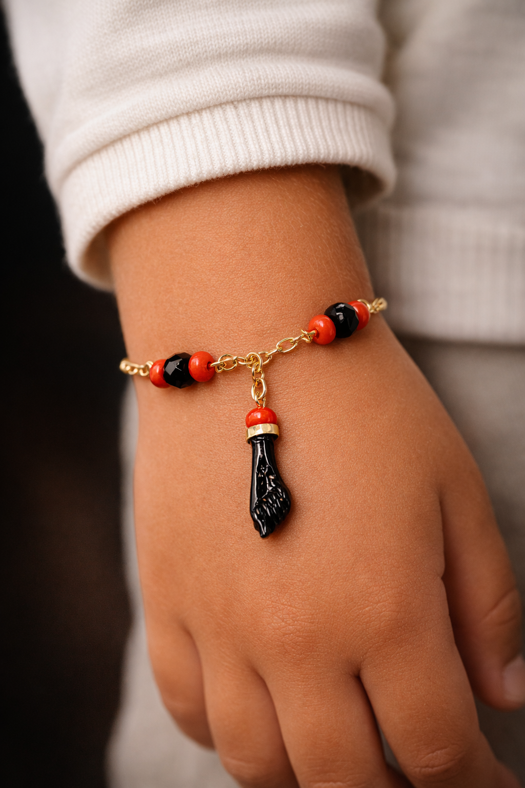 18K Gold Filled Azabache Bracelet Figaro Link 6" Inches / Kids Bracelet / Childrens Jewelry / Pulsera Azabache Para Ninos en Oro Laminado