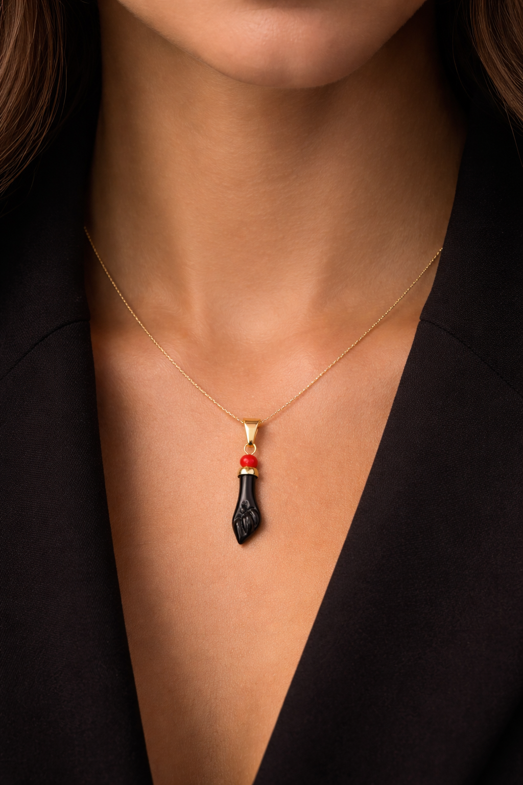 Black Azabache Hand Necklace Box Link Chain 18" INCH 18K Gold Filled For Womens / Everyday Azabache Necklace Protection Jewelry / Cadena Dije de Azabache