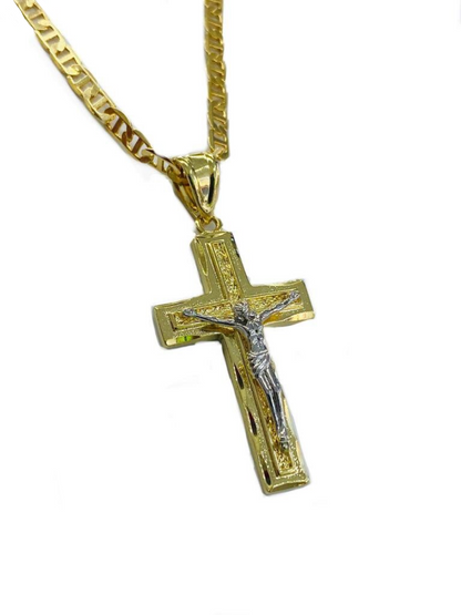 Jesus Cross Necklace Pendant in 14K Gold Filled for Mens Womens Mariner Chain 42x23mm