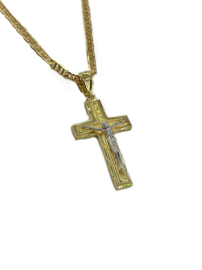 Jesus Cross Necklace Pendant in 14K Gold Filled for Mens Womens Mariner Chain 42x23mm