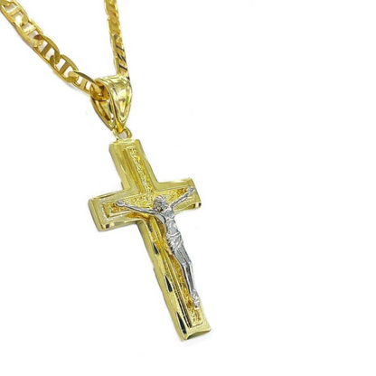 Jesus Cross Necklace Pendant in 14K Gold Filled for Mens Womens Mariner Chain 42x23mm