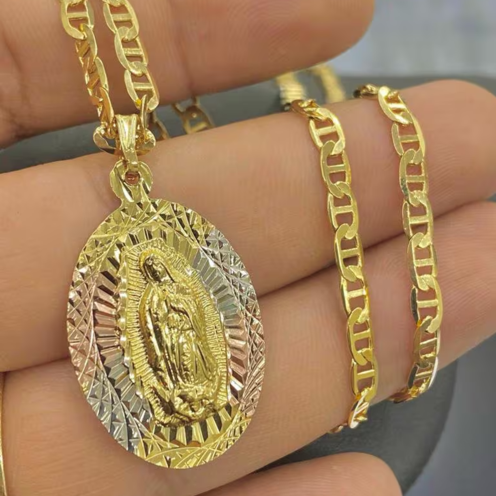 Virgen de Guadalupe Necklace Mariner Chain 14K Gold Filled for Mens Womens