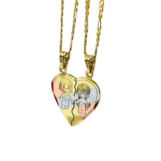 14K Gold Filled Broken Heart Pendant for Mens Womens Tri Color Figaro Chain 20" Valentines Day Gift