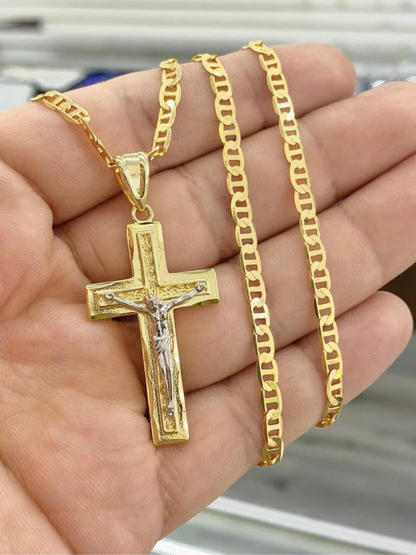 Jesus Cross Necklace Pendant in 14K Gold Filled for Mens Womens Mariner Chain 42x23mm