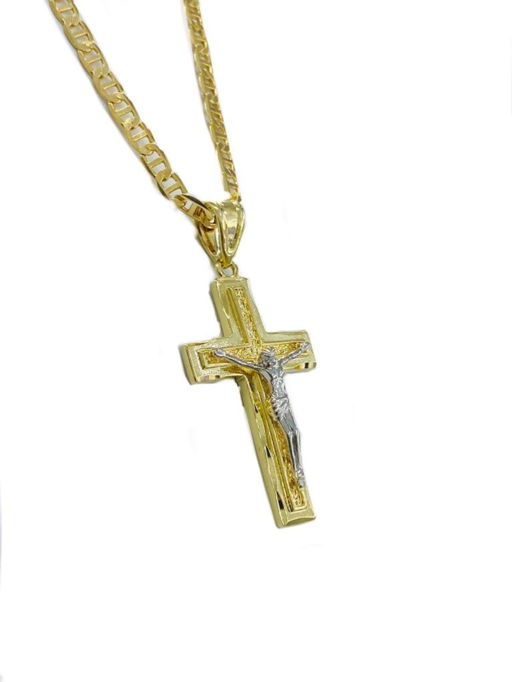 Jesus Cross Necklace Pendant in 14K Gold Filled for Mens Womens Mariner Chain 42x23mm