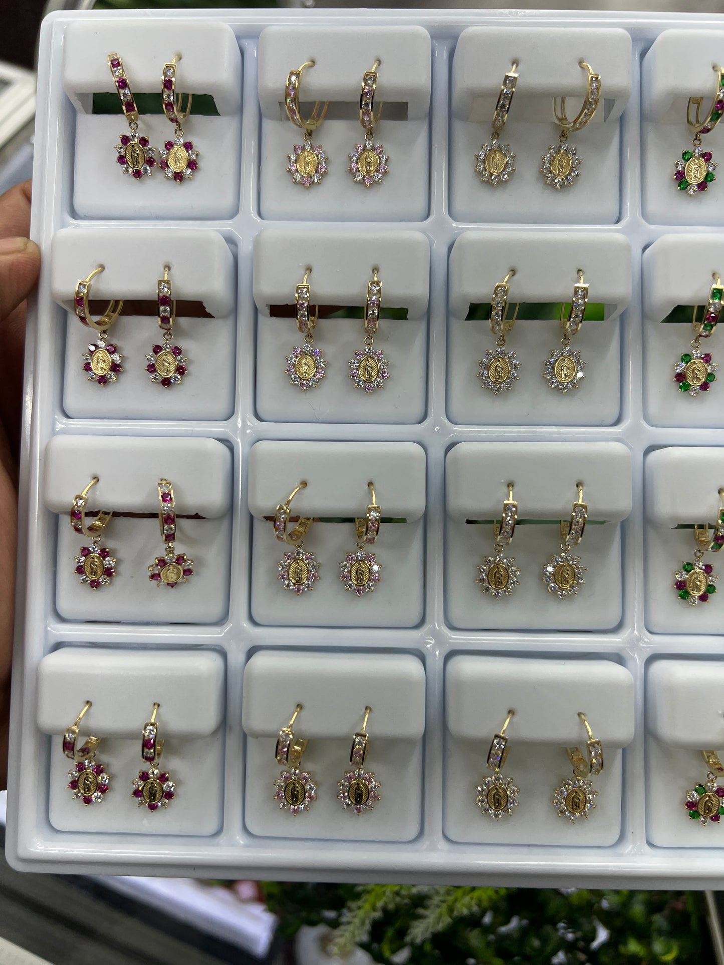 14K Yellow Gold CZ Virgen de Guadalupe Huggies Earrings for Womens Flowers