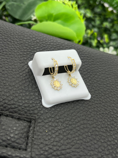 14K Yellow Gold CZ Virgen de Guadalupe Huggies Earrings for Womens Flowers