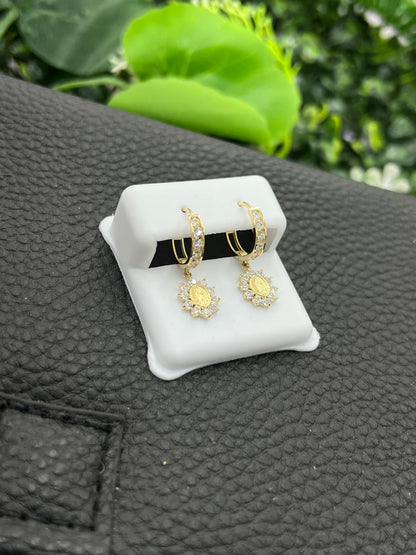 14K Yellow Gold CZ Virgen de Guadalupe Huggies Earrings for Womens Flowers