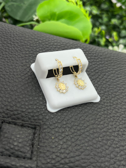 14K Yellow Gold CZ Virgen de Guadalupe Huggies Earrings for Womens Flowers