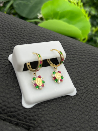 14K Yellow Gold CZ Virgen de Guadalupe Huggies Earrings for Womens Flowers