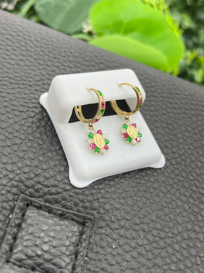 14K Yellow Gold CZ Virgen de Guadalupe Huggies Earrings for Womens Flowers
