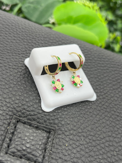 14K Yellow Gold CZ Virgen de Guadalupe Huggies Earrings for Womens Flowers