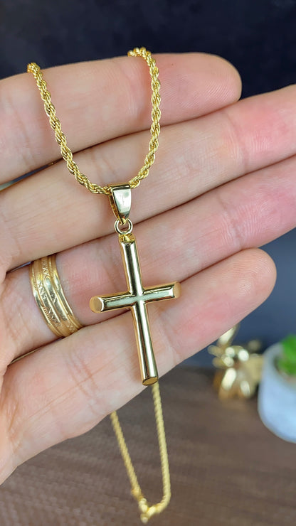 Tube Cross Necklace Rope Chain 18" for Mens Womens Gold Filled