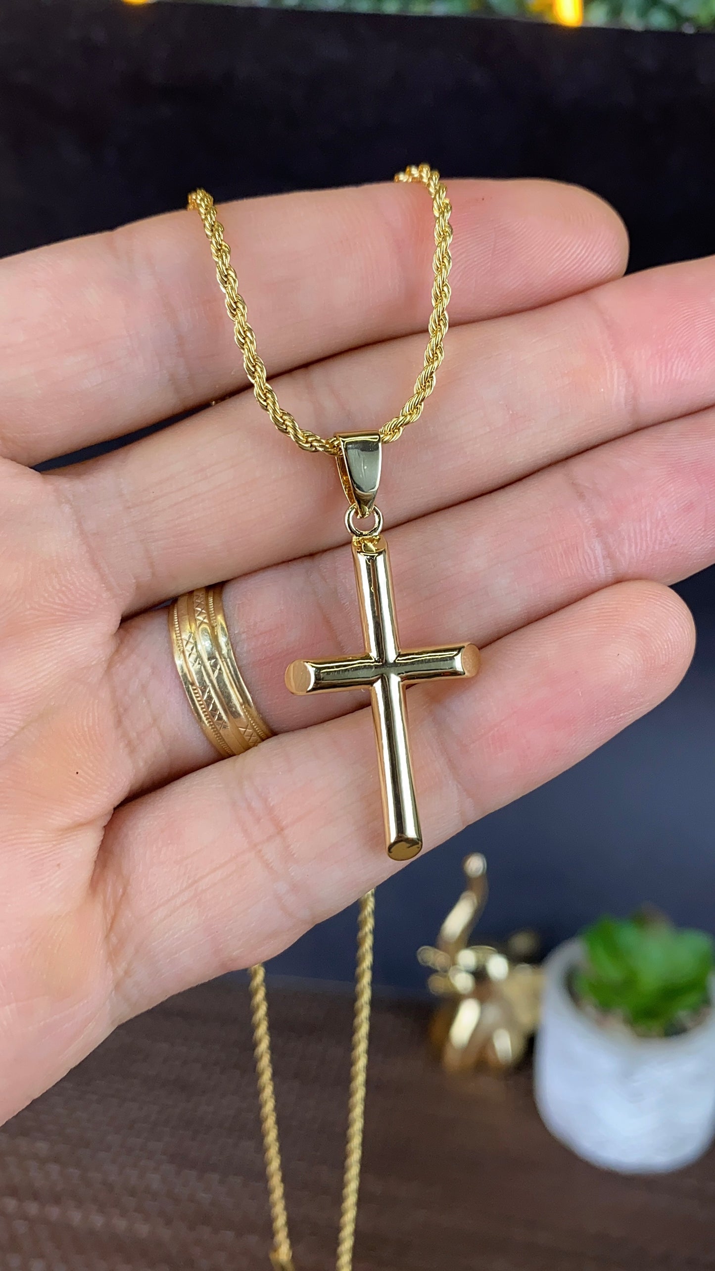 Tube Cross Necklace Rope Chain 18" for Mens Womens Gold Filled